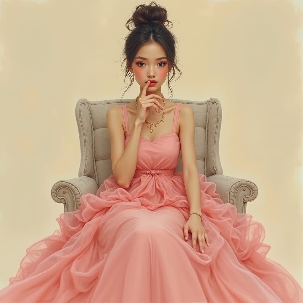 Ethereal Girl in Pink Gown, Lost in Thought