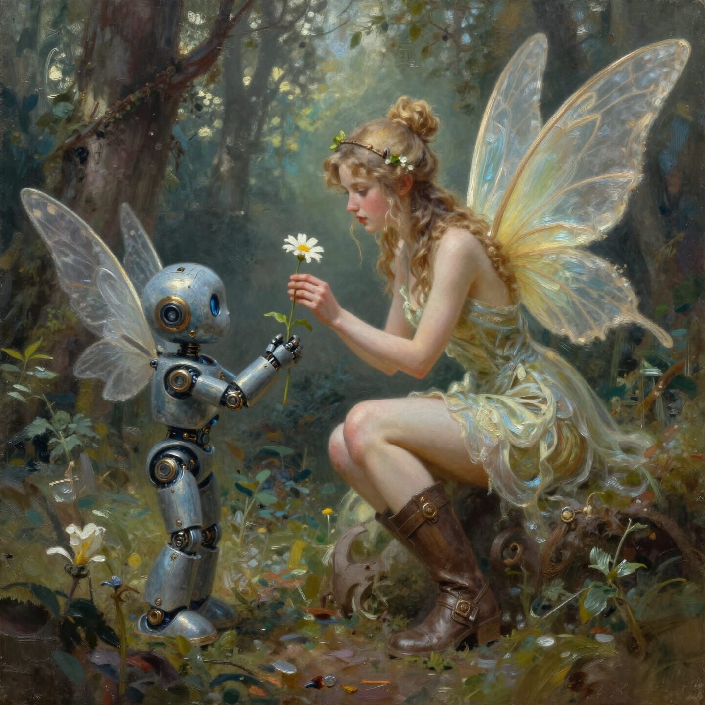 Steampunk Fairy Gives Flower to Robot in Forest