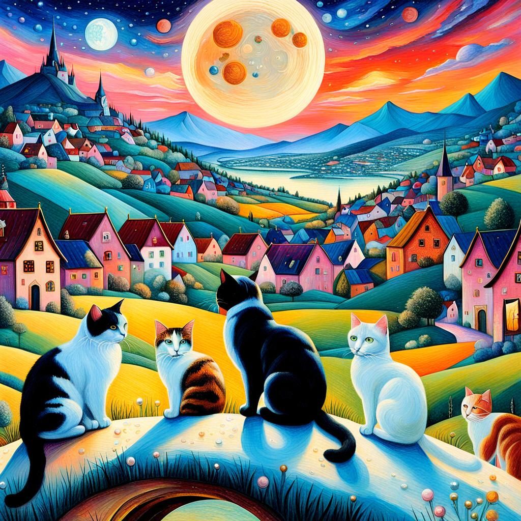 Glorious Sunset Village Scene with Giant Cats and Jewels