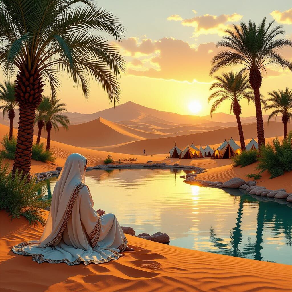 Serene Desert Oasis with Palm Grove in Golden Light