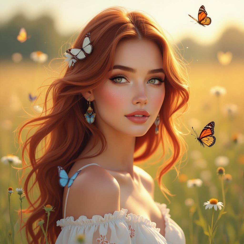 Auburn Haired Woman in Sunlit Meadow, Art Nouveau Style