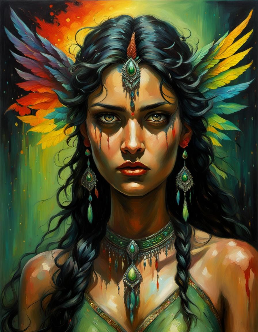 Fantasy Beauty with Rainbow Wings, Oil Painting