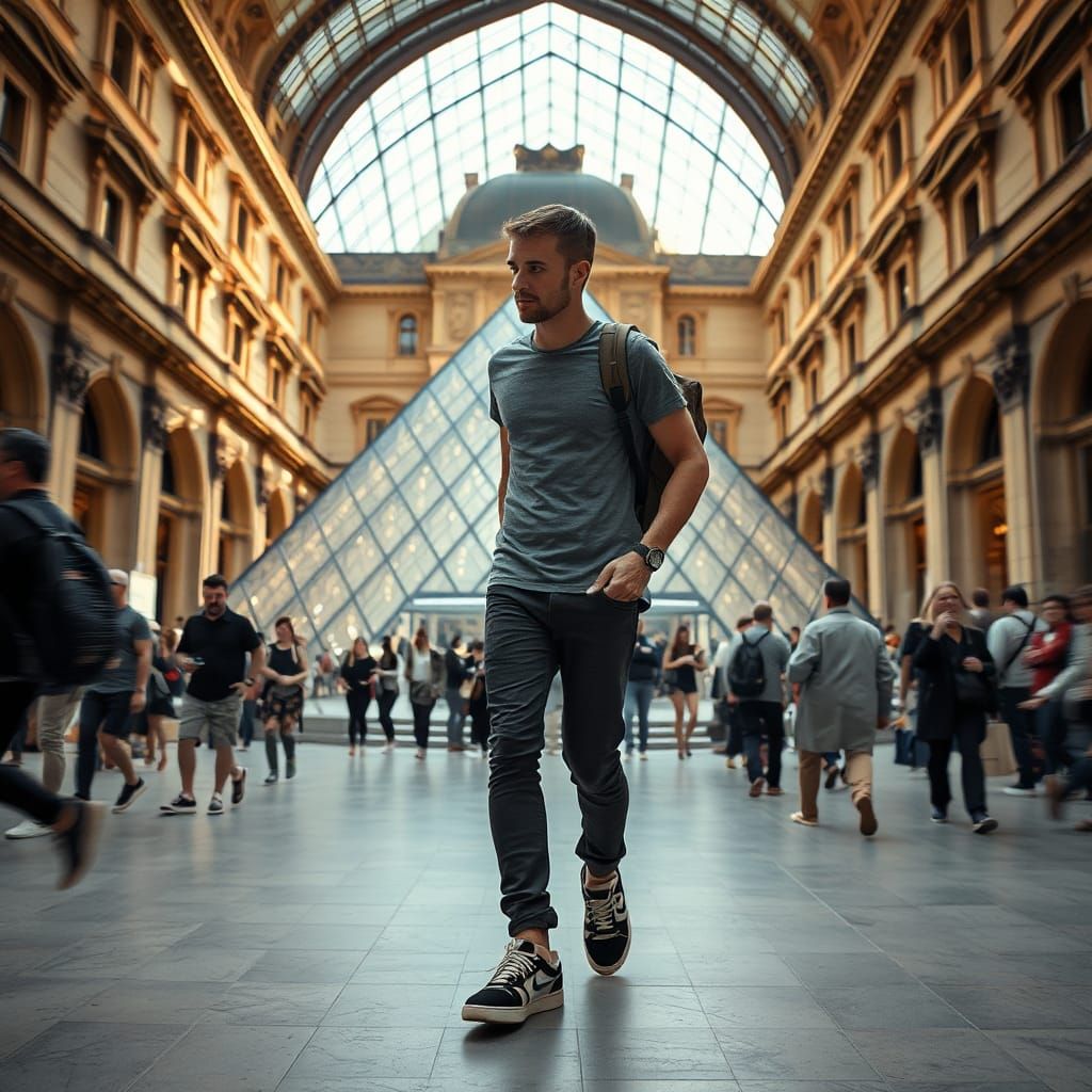 Man Entering Louvre Museum: Hyperrealistic Cinematic Image