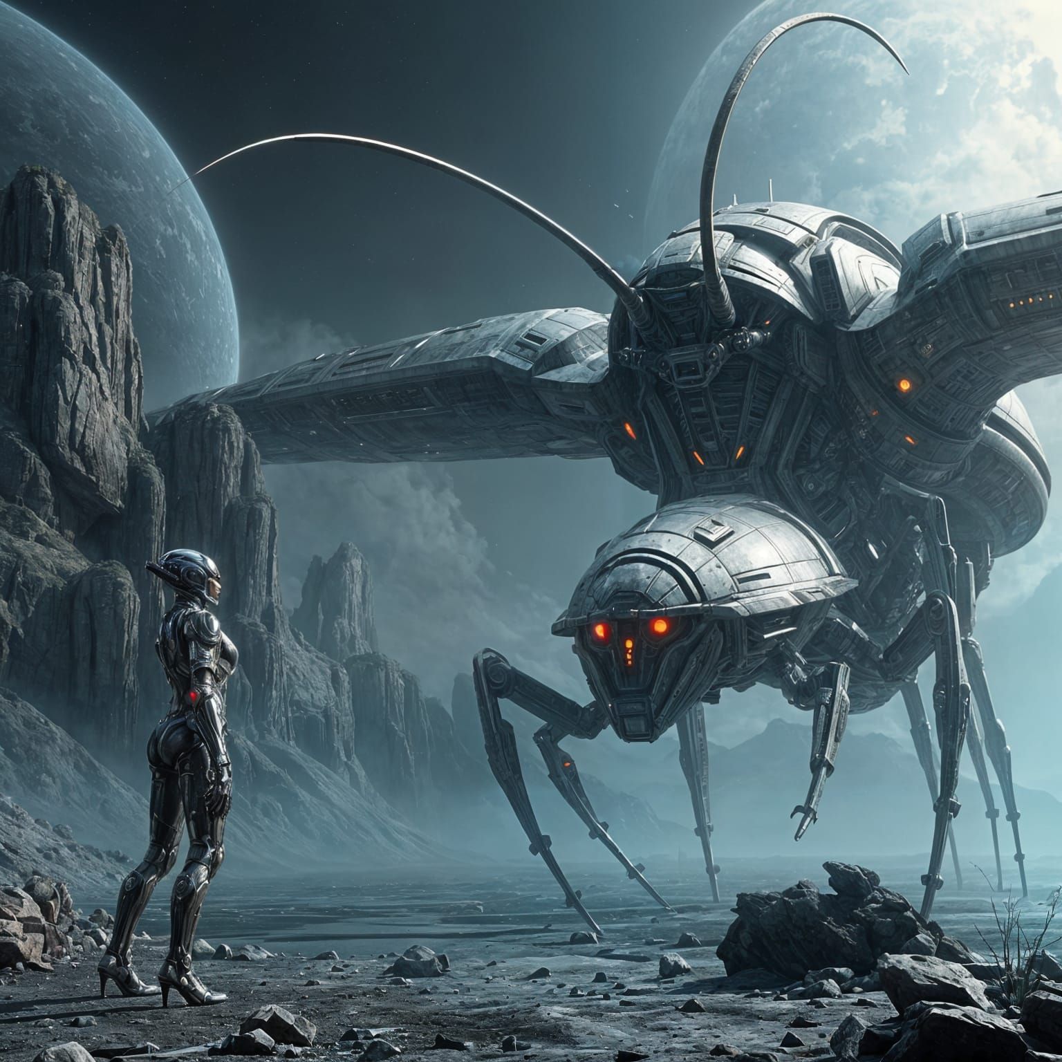 An alien spaceship in the shape of a roach. The zenomorph has a humanoid shape with a roach face. Epic cinematic brillia...