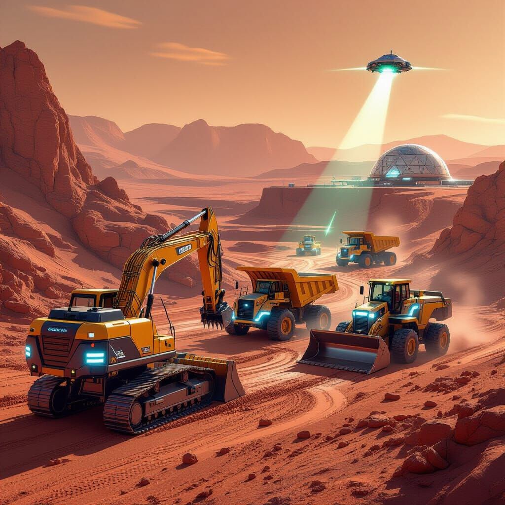 RC Construction Machines on Mars in Concept Art Style