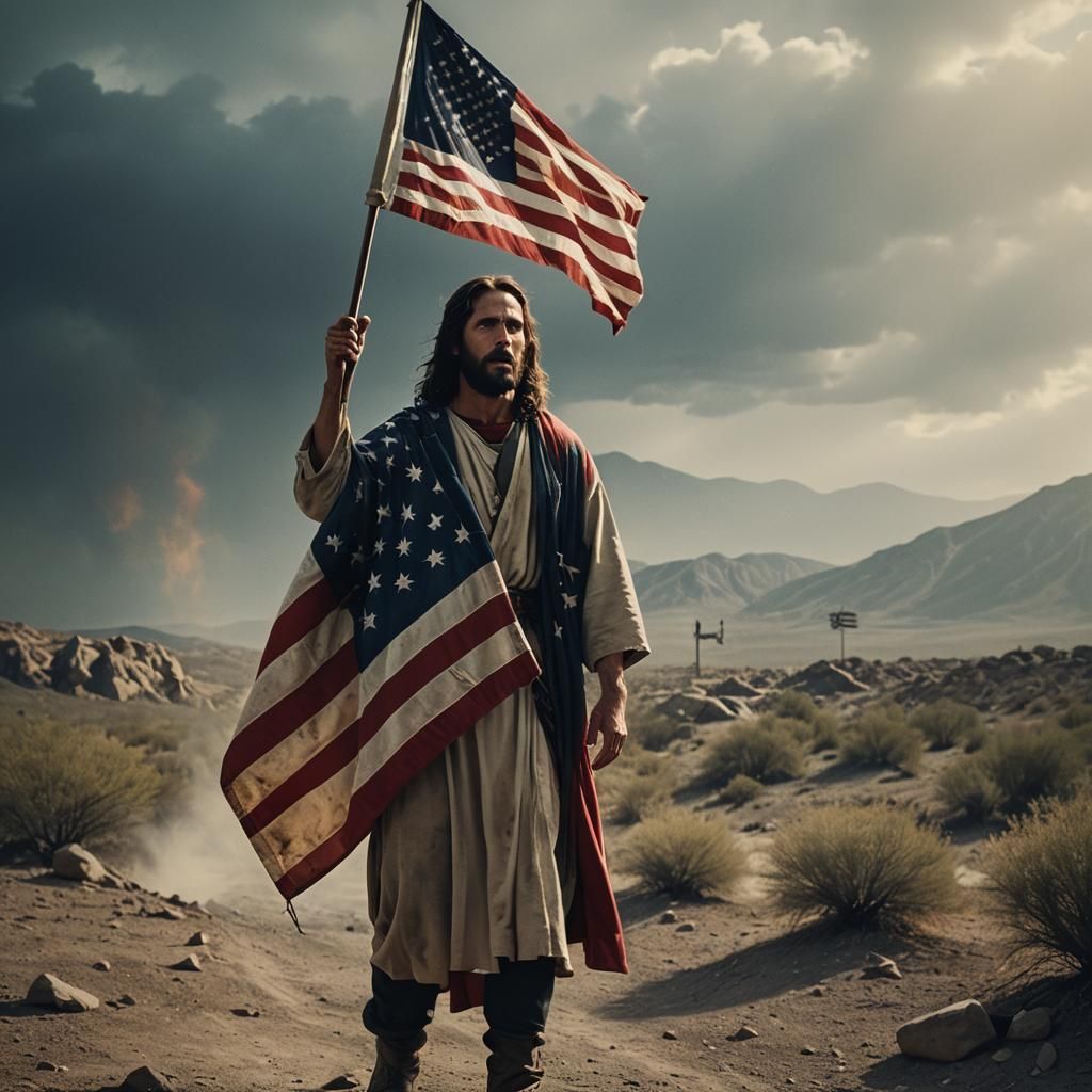 Jesus Christ Holding American Flag: Cinematic Still