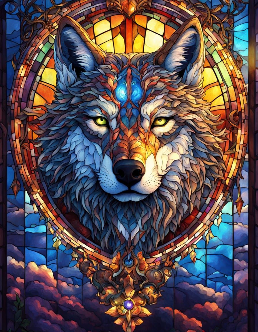 Stained Glass Wolf Window Art