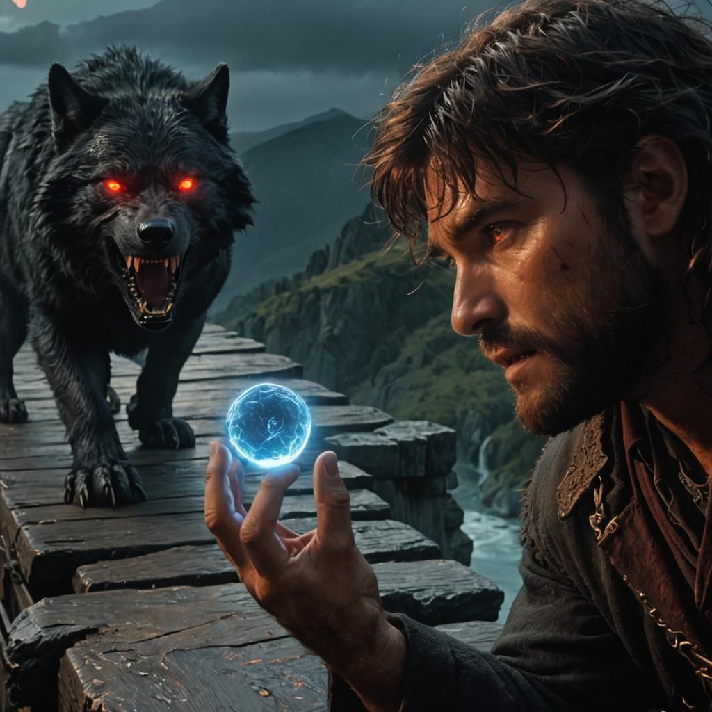 Beren taunts the great wolf Carcharoth on the bridge of Angb...