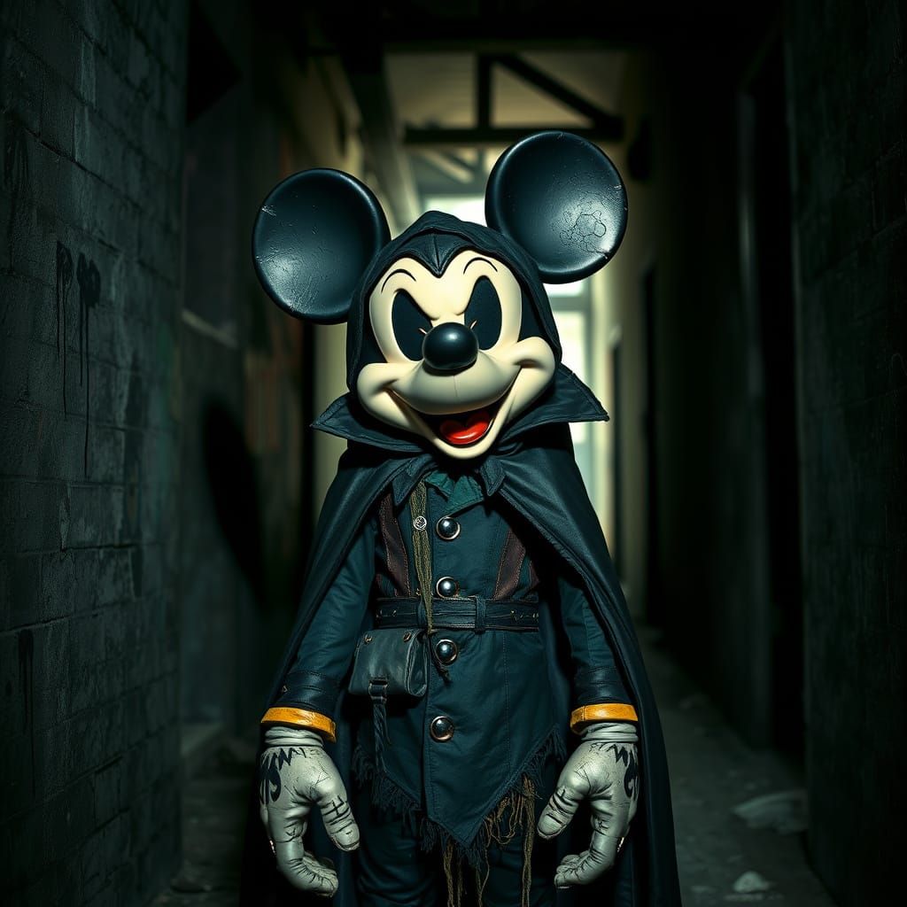 Sinister Mickey Mouse in Dark Alley, Burtonesque Style