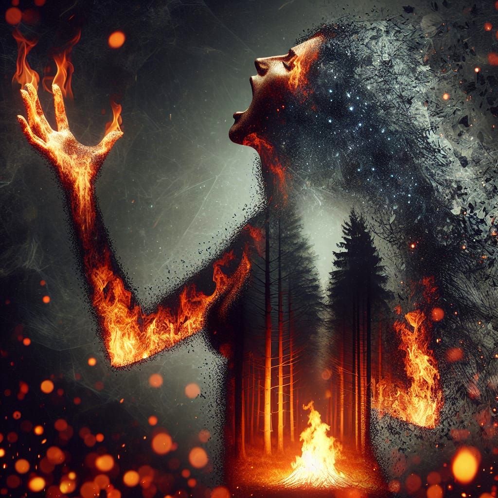 Fiery Woman Double Exposure with Forest Fire
