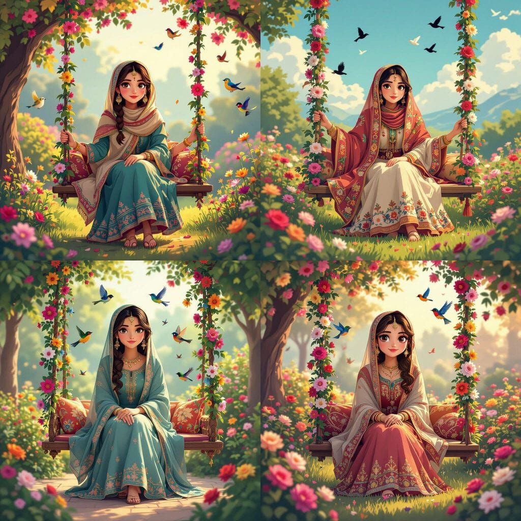 3D Pixel Art: Pakistani Girl in Winter Attire on a Swing