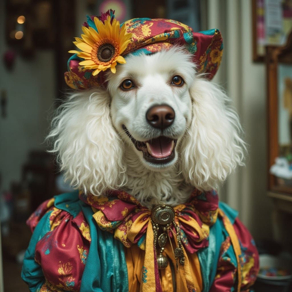 White Poodle Dressed as a Carnival Clown