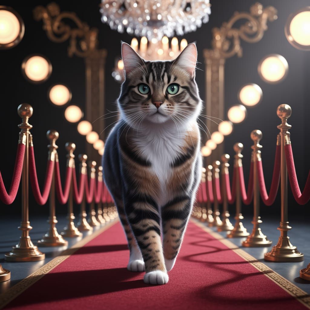 Elegant Cat Struts Down Luxurious Red Carpet Catwalk