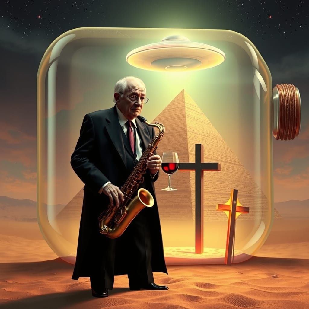 Surreal Desert Scene with Saxophone and Flying Saucer