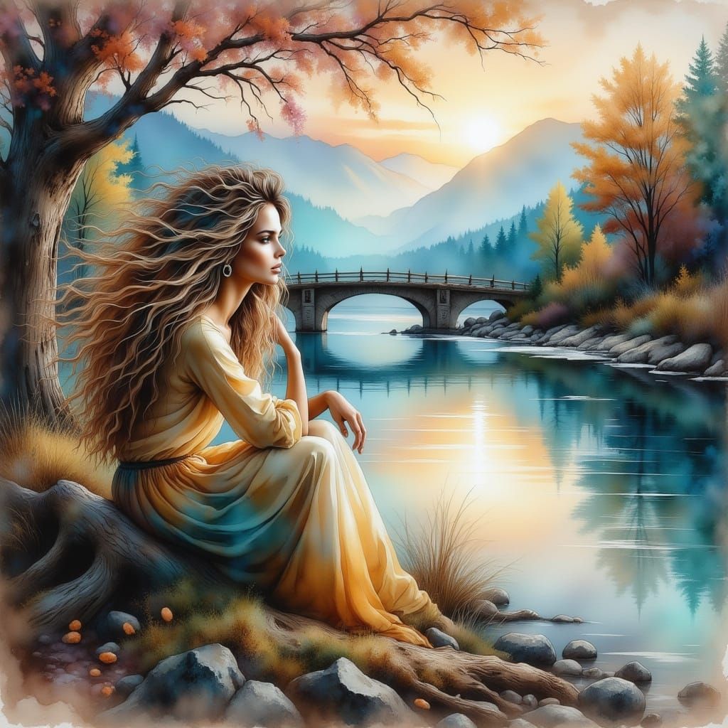 Ethereal Woman by River in Dreamy Oil Painting Style