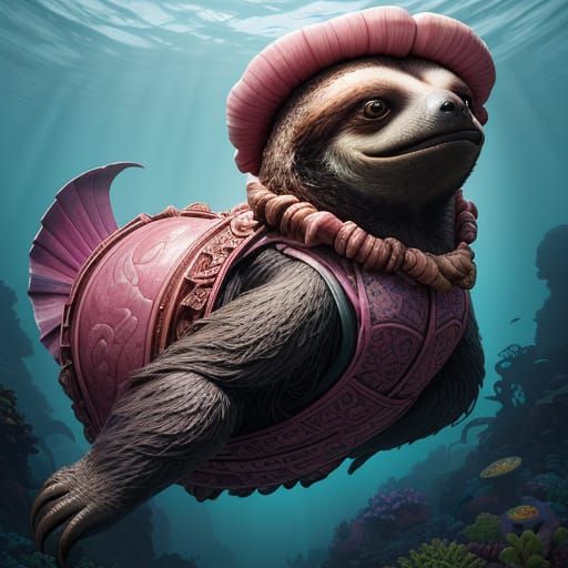 Regal, Rosy-Pink Sloth Ascends with Ancient Conch Shell