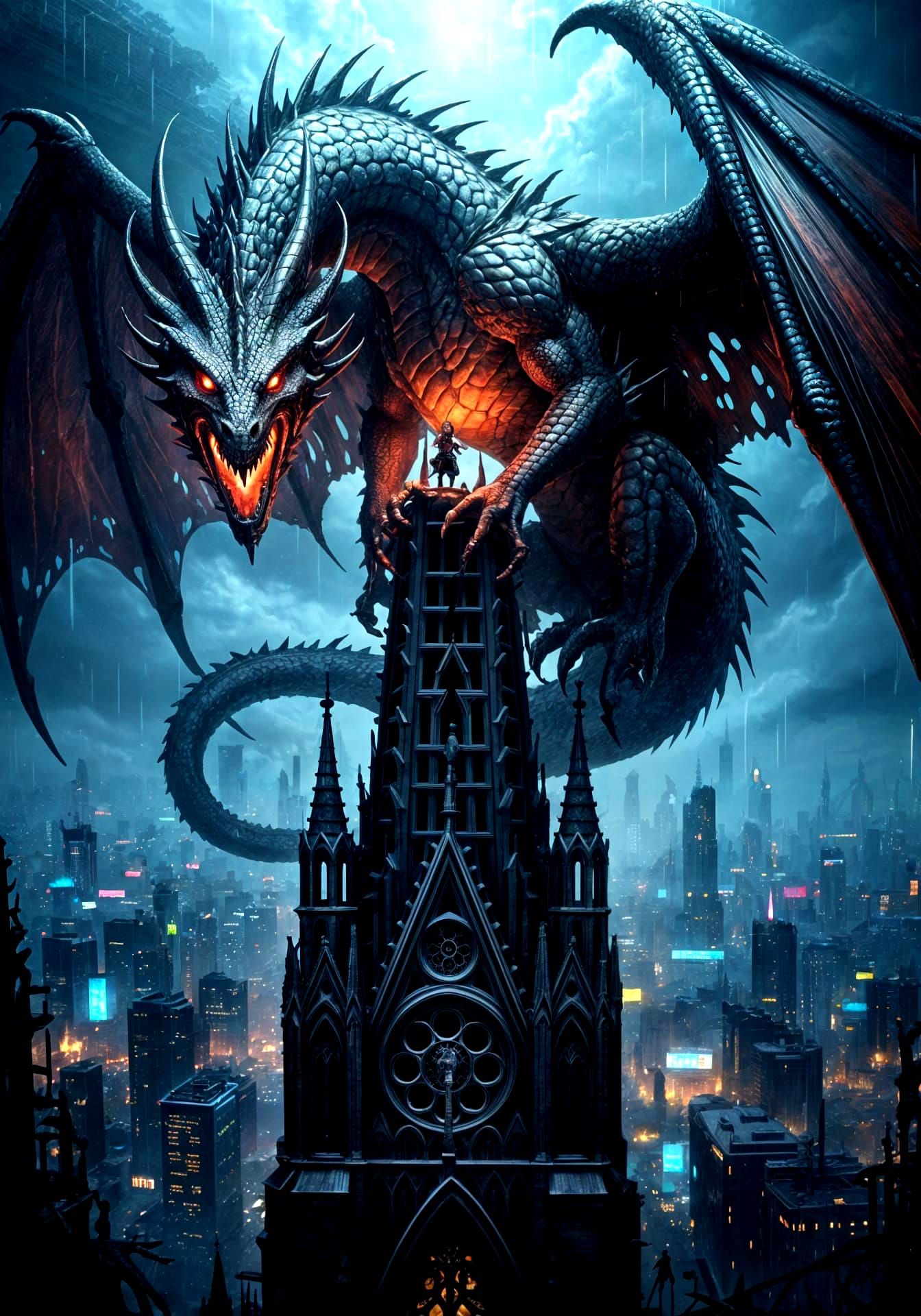 Ancient Dragon on Gothic Cathedral Spire in Neon Metropolis