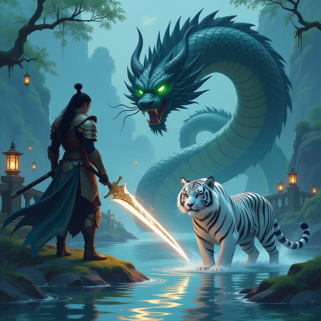 Warrior and Tiger Face Serpent Demon