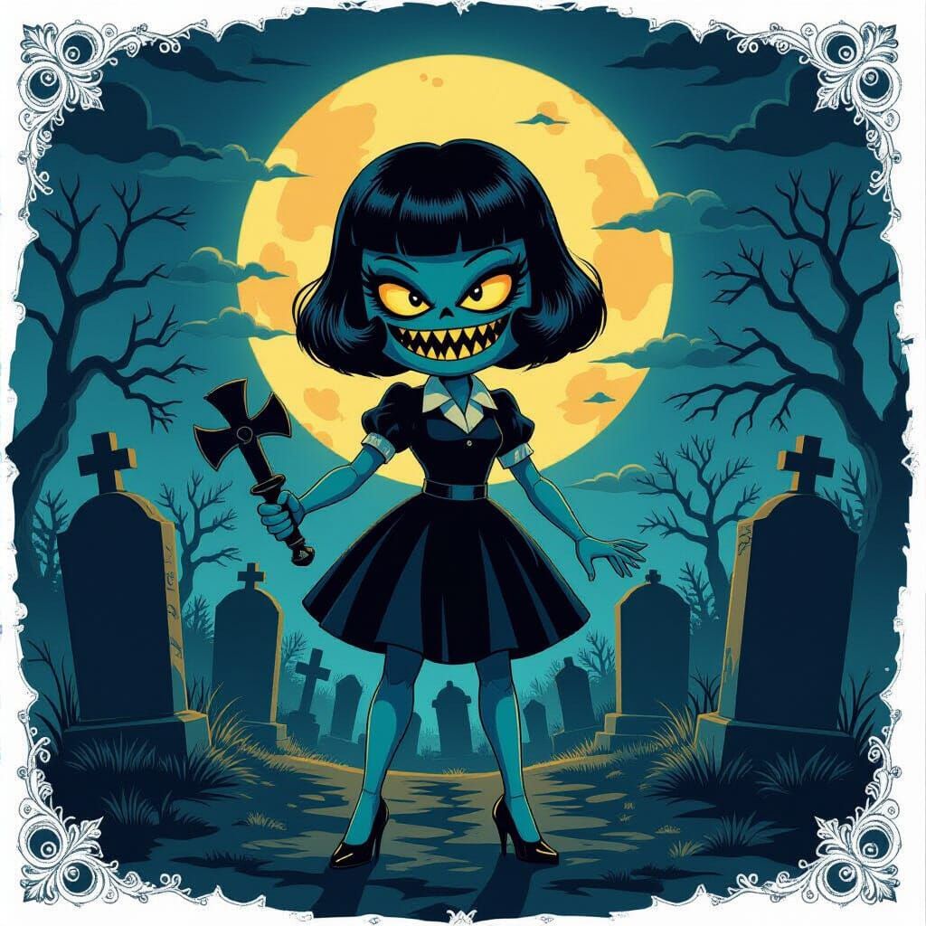 Retro Bob Monster with Skull and Tattoos in Cemetery