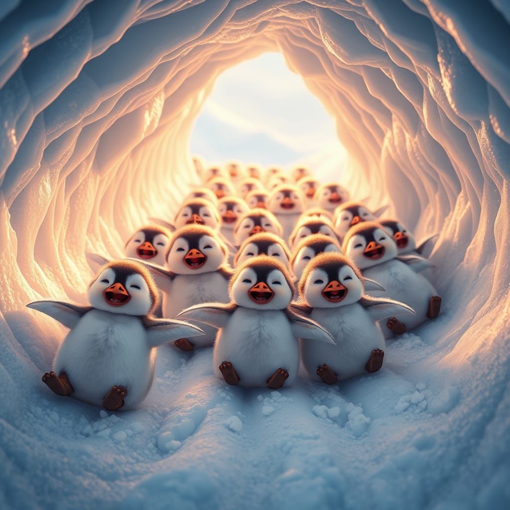 Joyful Penguins Slide on Ice Chute