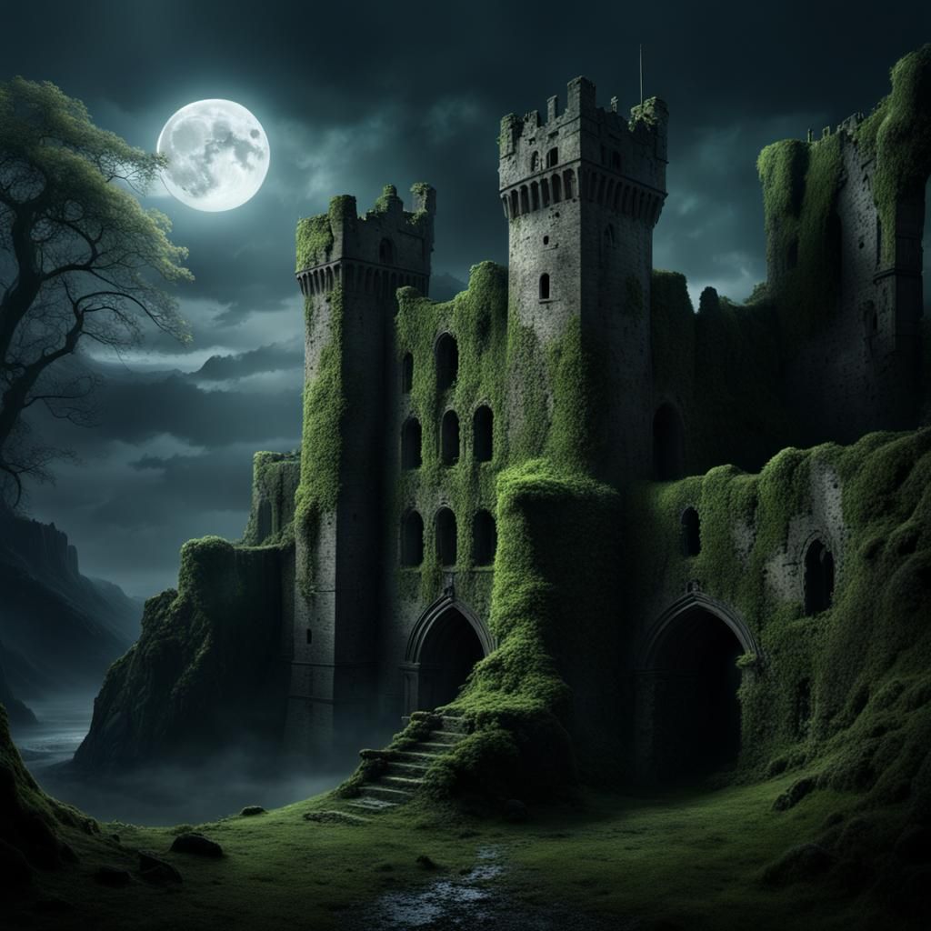 Moonlit Castle Ruins with Spectres: Digital Matte Painting