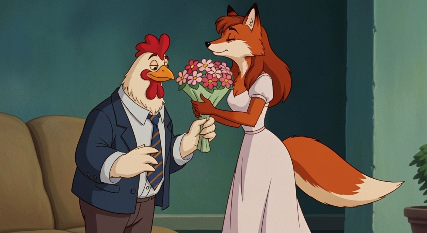Chicken and Fox in Romantic Embrace, 80s Animation Style