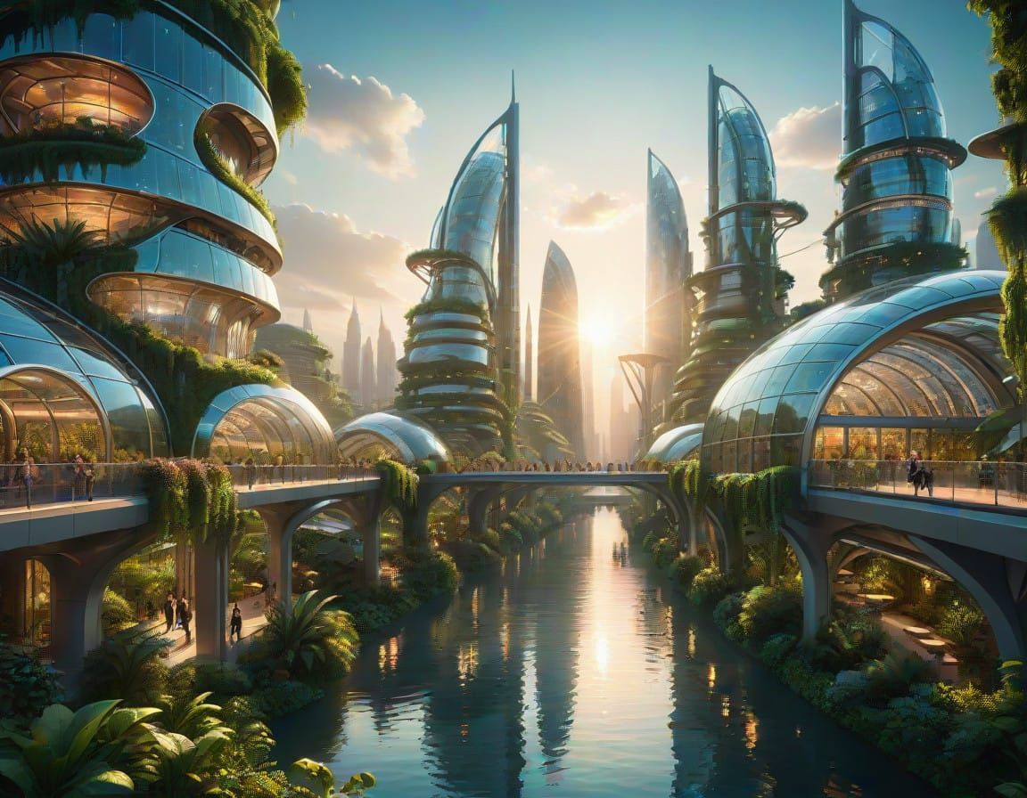Ethereal Futuristic Utopian City Streetscape in Solarpunk St...