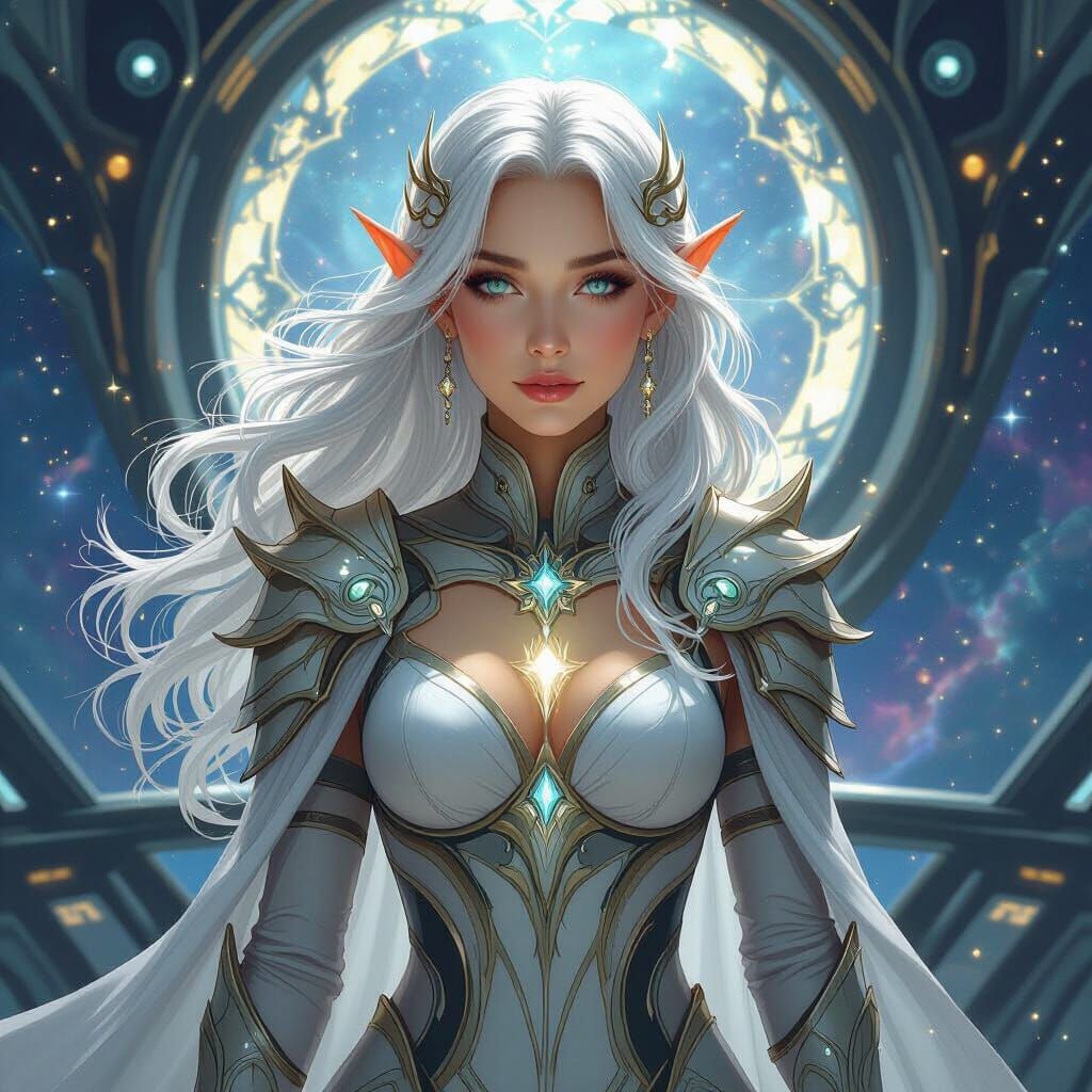 Elven Queen on Starship Bridge in Art Nouveau Style