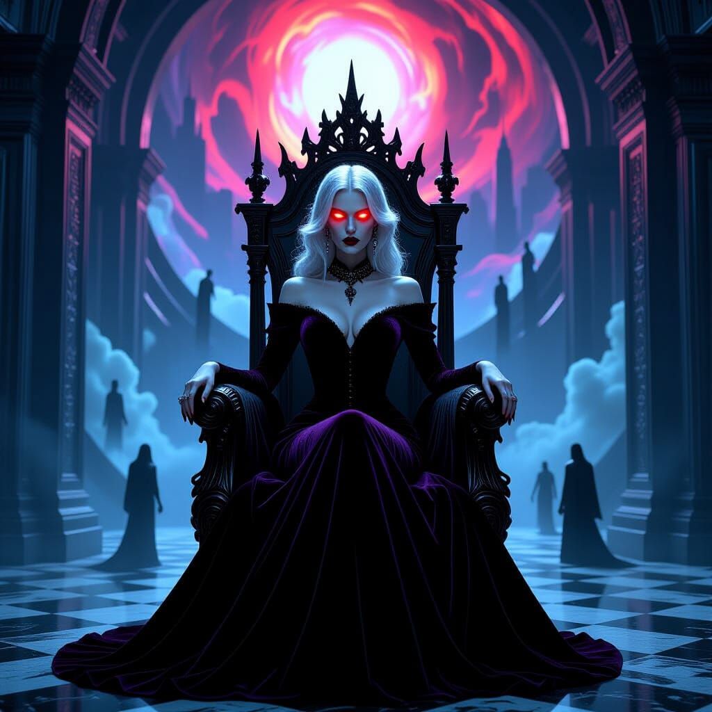 Vampire Queen on Obsidian Throne in Cyberpunk Gothic Style
