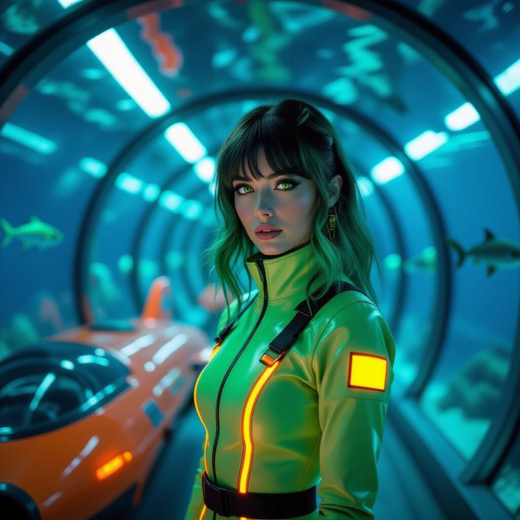 Woman in Futuristic Tunnel Beside Underwater Vehicle