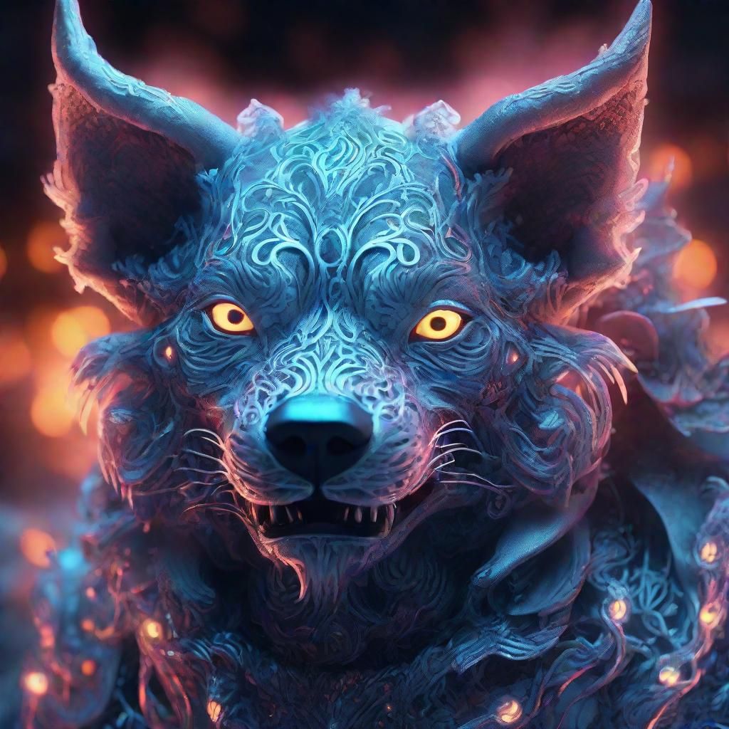 Smiling Cerberus with Neon Eyes and Metal Lace