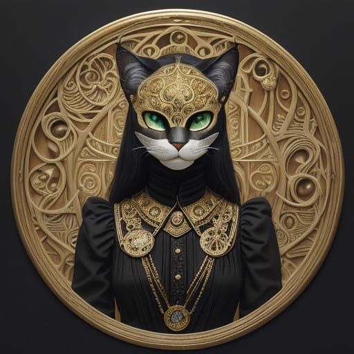 Elegant Moonlit Cat Mask with Ornate Gold Trim