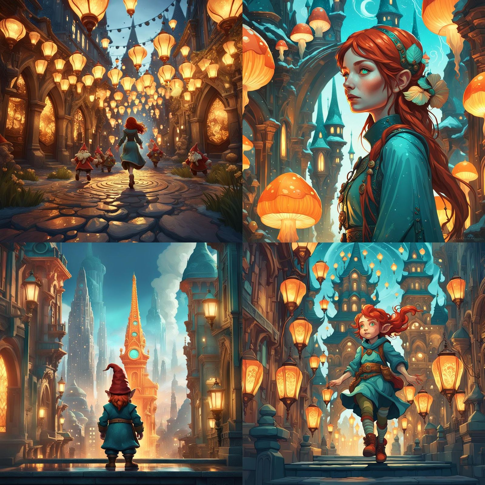 Redhead, gnomes, city