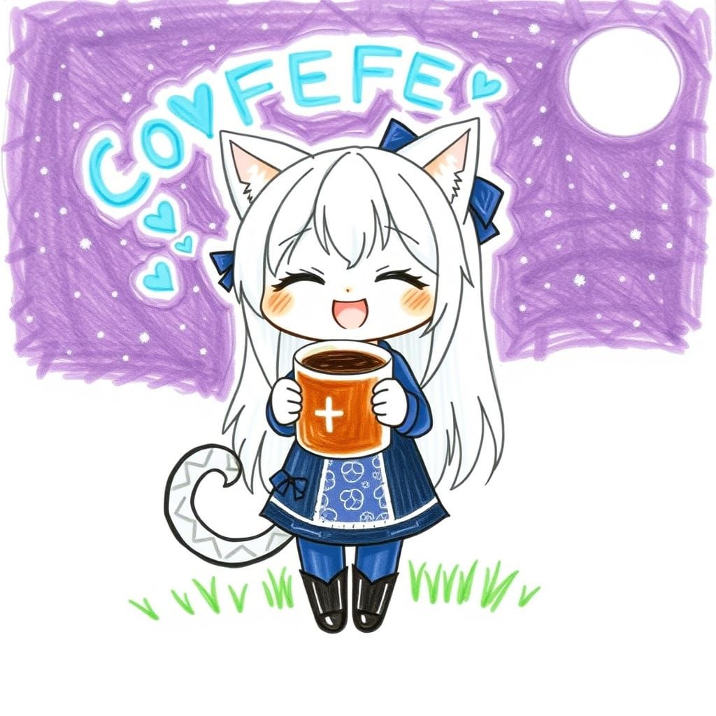 Childlike Crayon Drawing of Anime Catgirl with Coffee