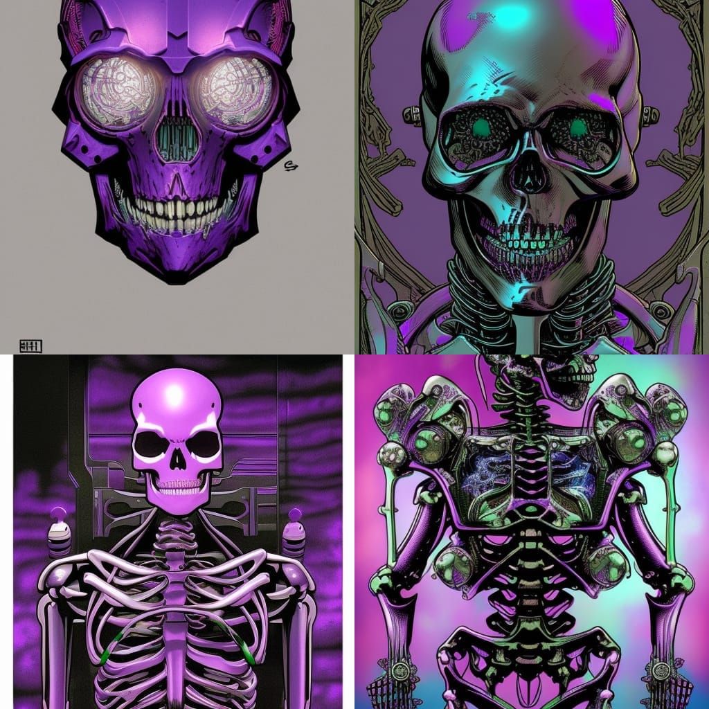 Cybernetic Iron Skeleton with Purple Crystals in Comic Art