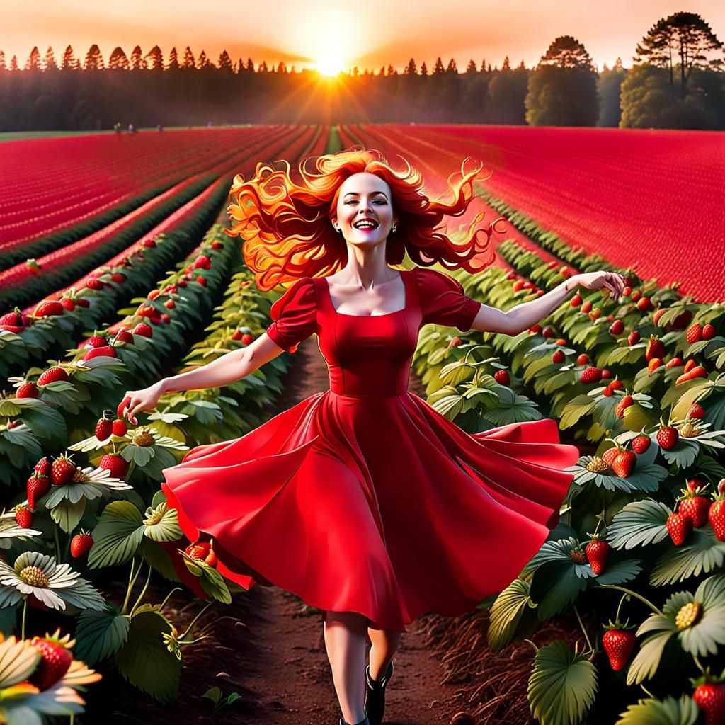 Woman Dancing in Strawberry Fields at Sunset