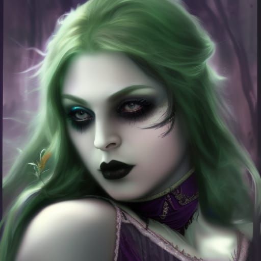Ethereal Dark Elf with beautiful long black hair & dark purple skin& green eyes& black eyeshadow & black lipstick & goth...