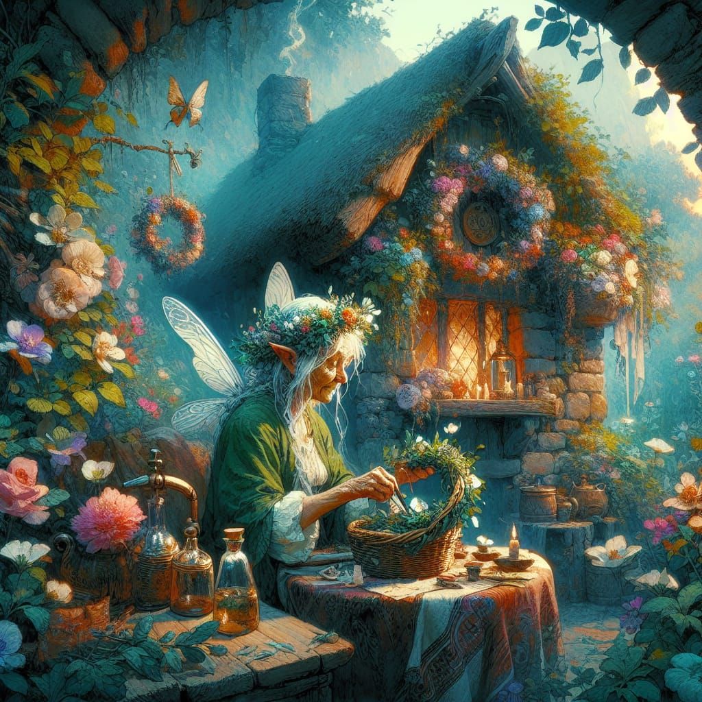 Enchanted Pixie Herbalist in Whimsical Watercolor Fantasy