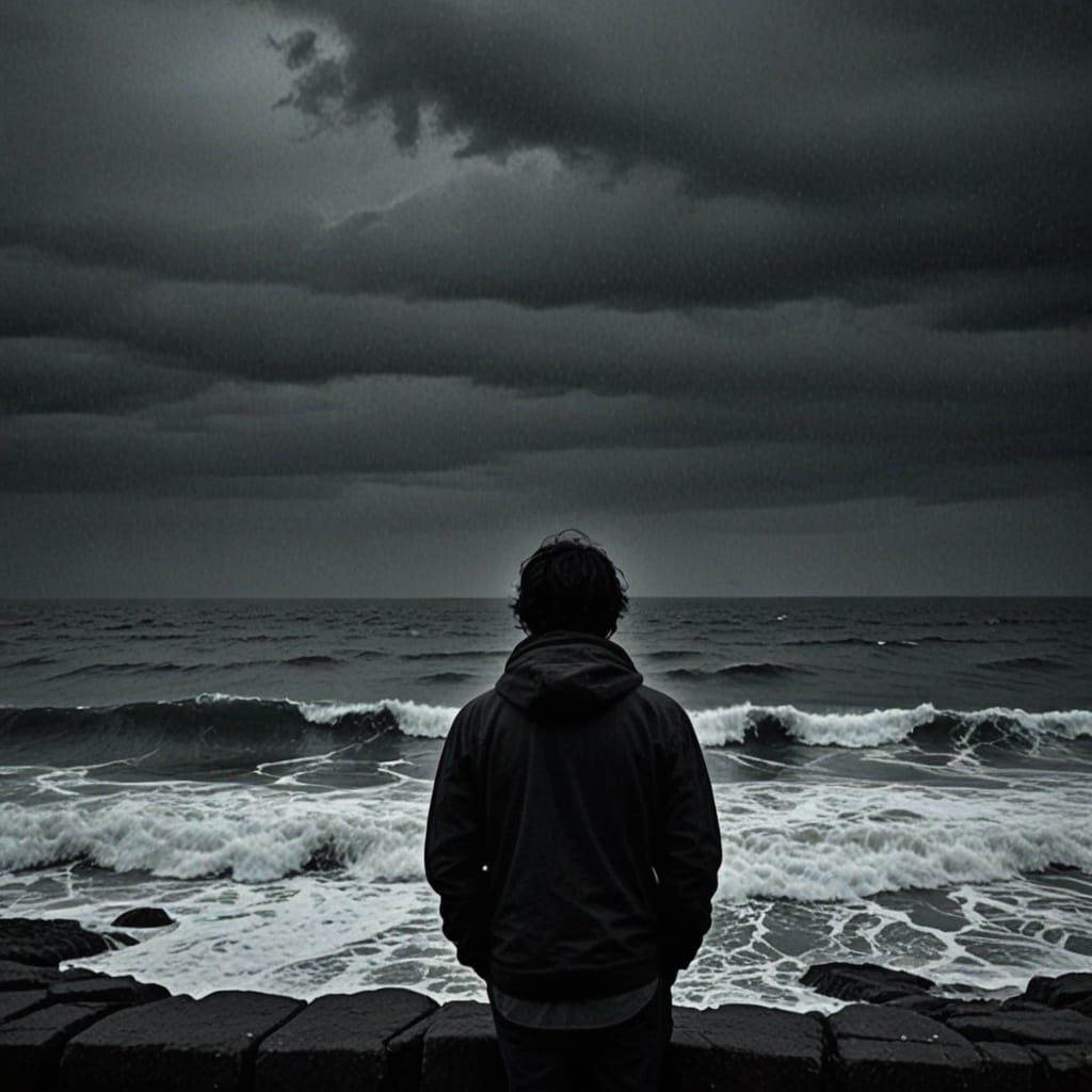 Melancholy Scene: Solitude by Dark Ocean Waves