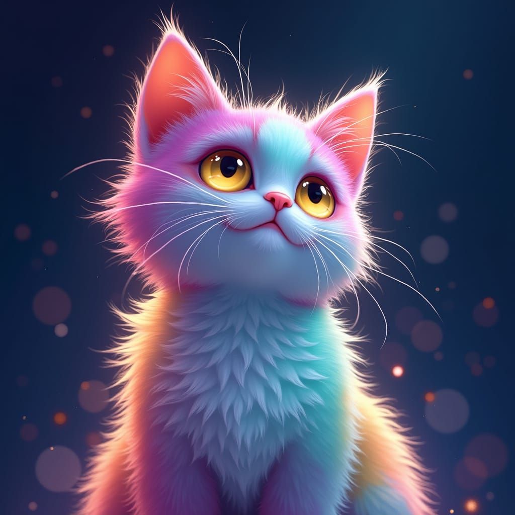 Vibrant Feline in Kaleidoscope Hues with Piercing Yellow Eye...