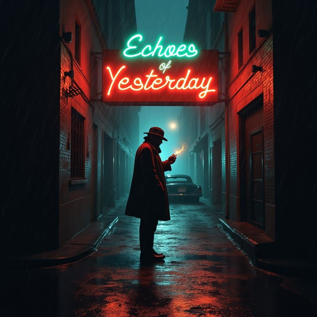 Neo-Noir Figure in Rain-Slicked Alleyway