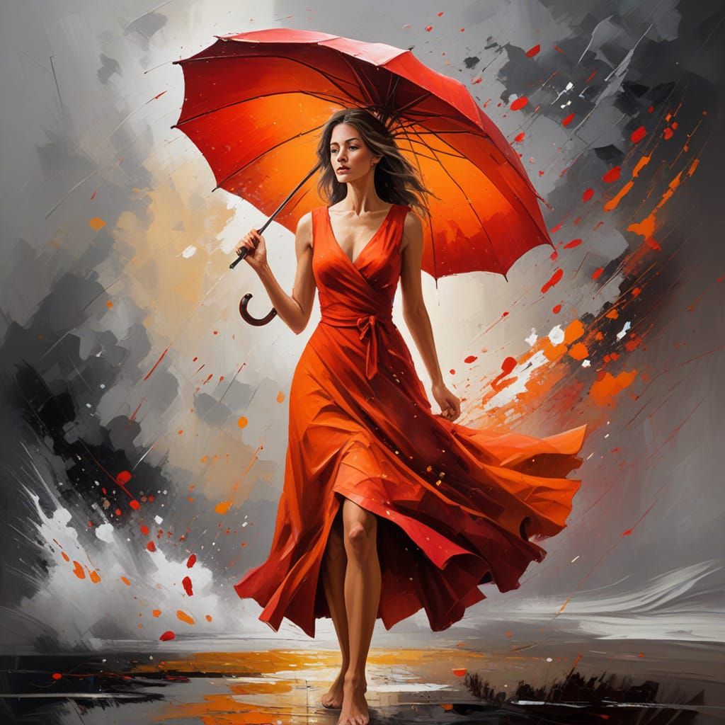 Woman with Red Umbrella: Impasto Oil Painting