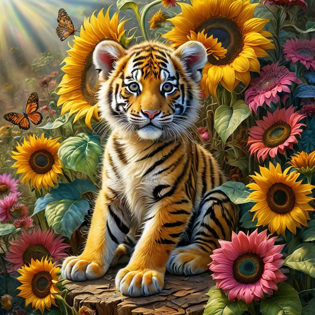 Moire Pattern Fantasy Art: Tiger Cub in Sunflower