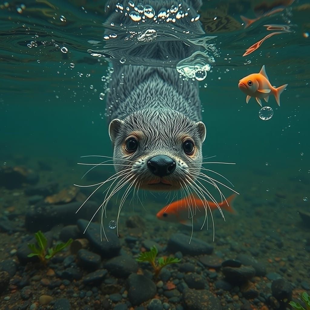 Vibrant Macro Shot of an Otter Swimming in a River