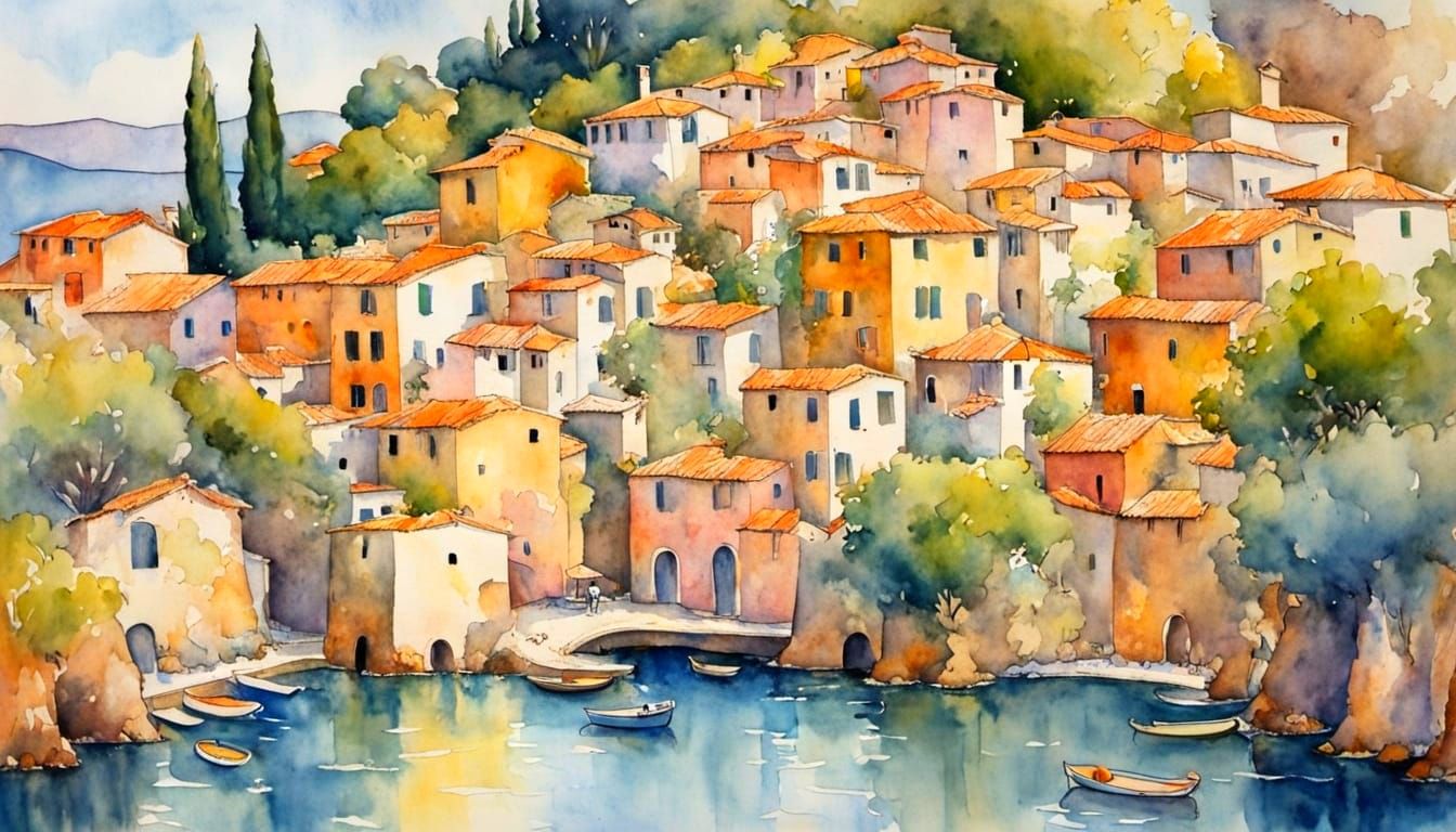 Mediterranean Village in Watercolor Style