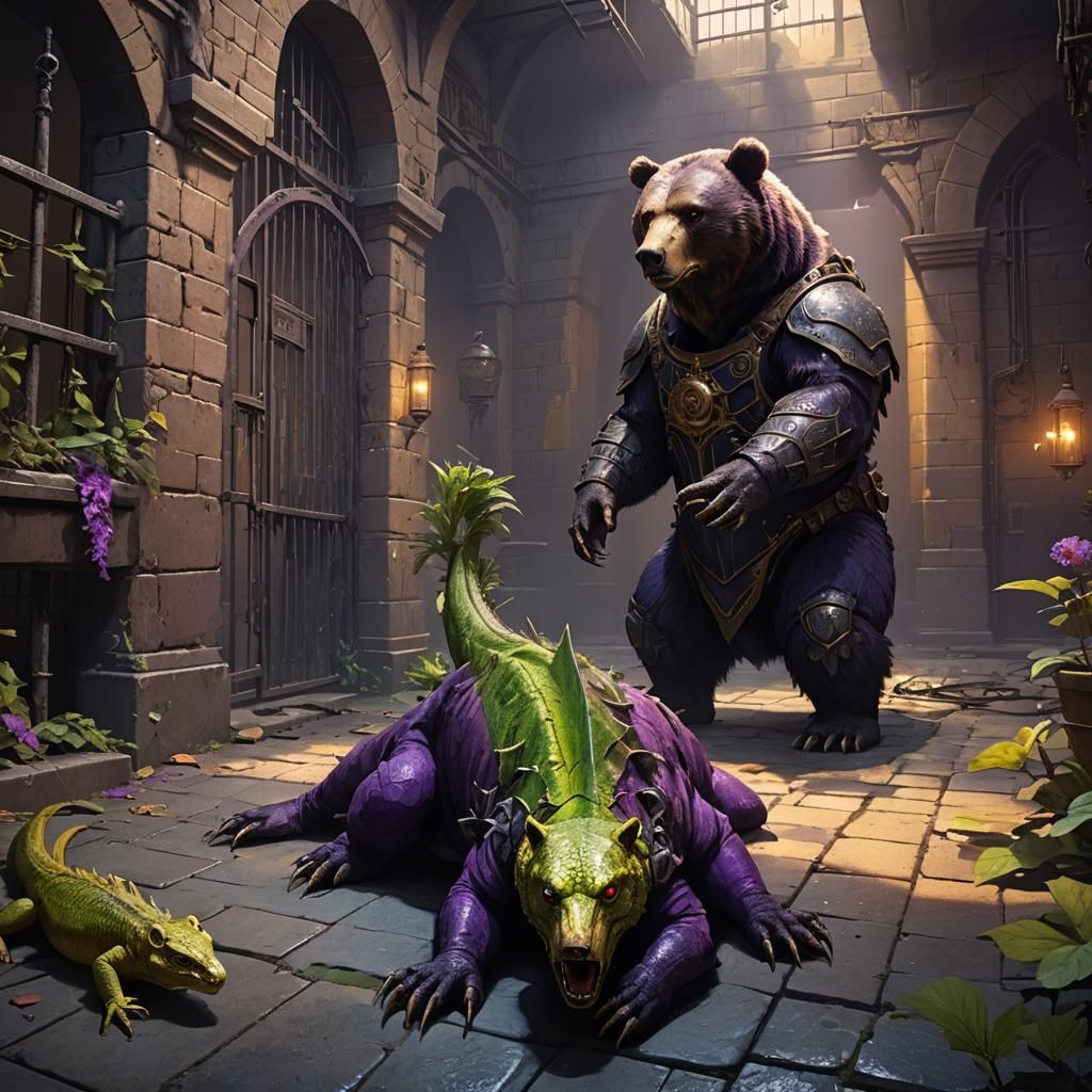 Bear Lizard Hybrid in Prison: Dark Fantasy Art