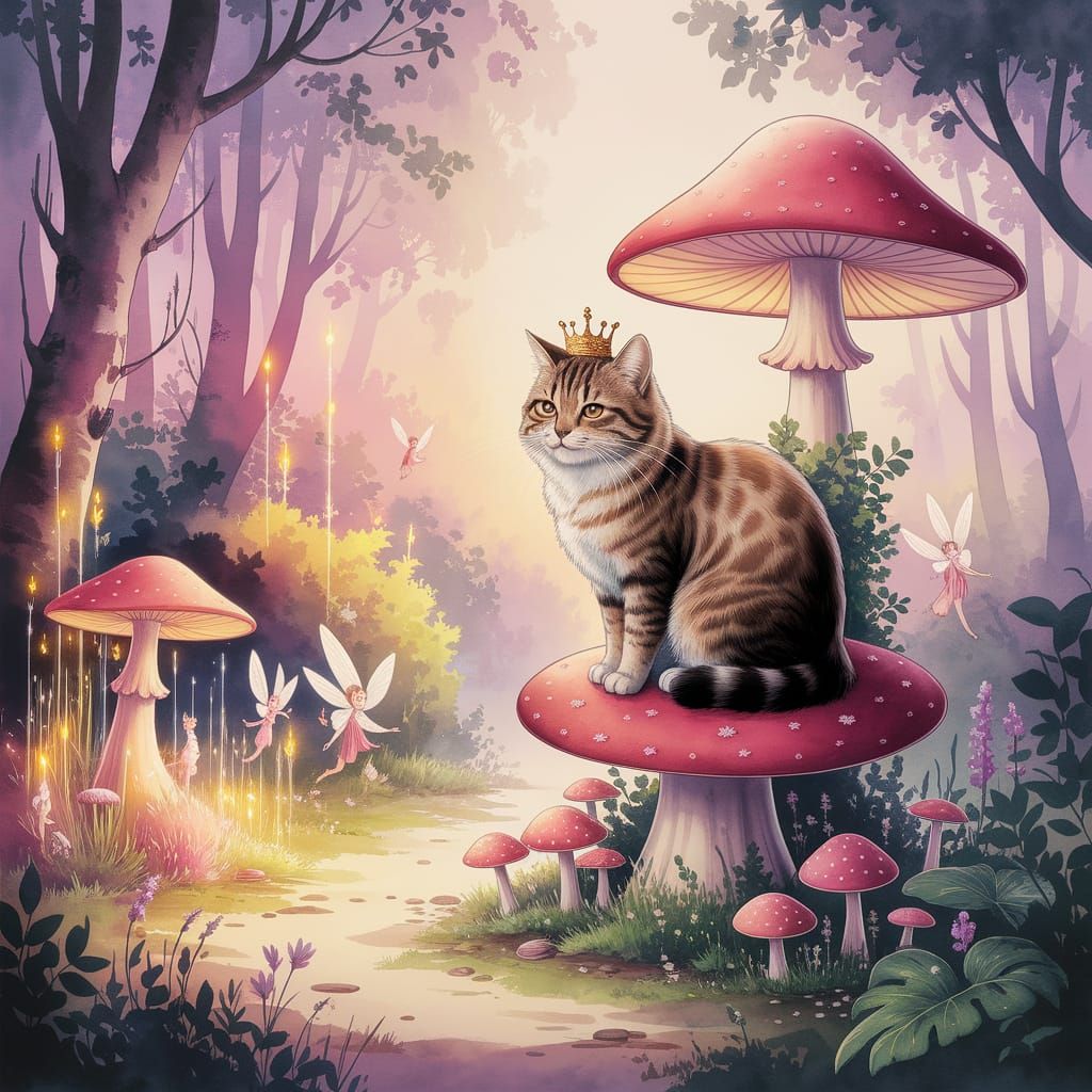 Regal Cat on Mushroom Throne in Enchanted Forest