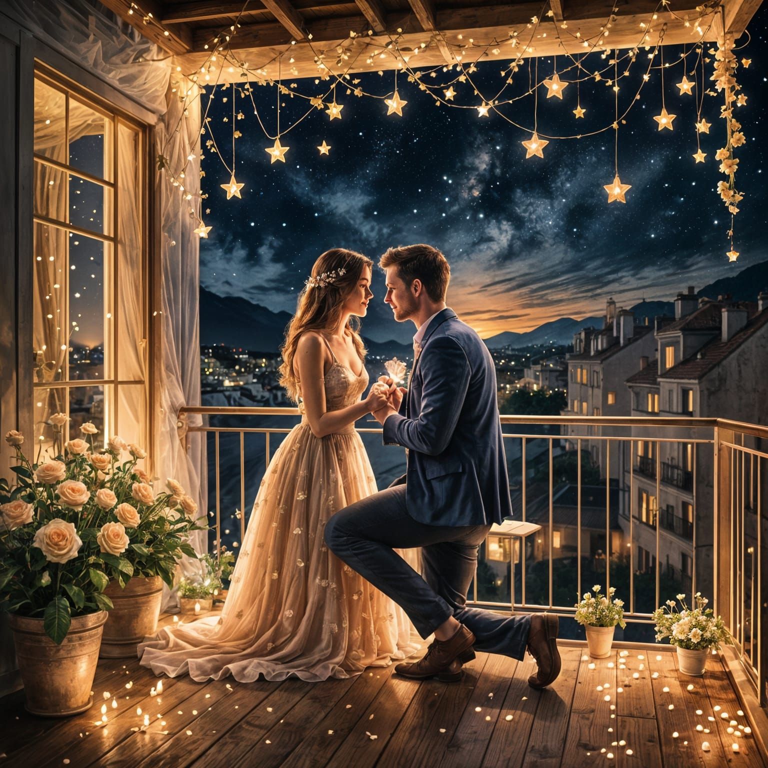 Romantic Proposal with Floating Flowers at Night