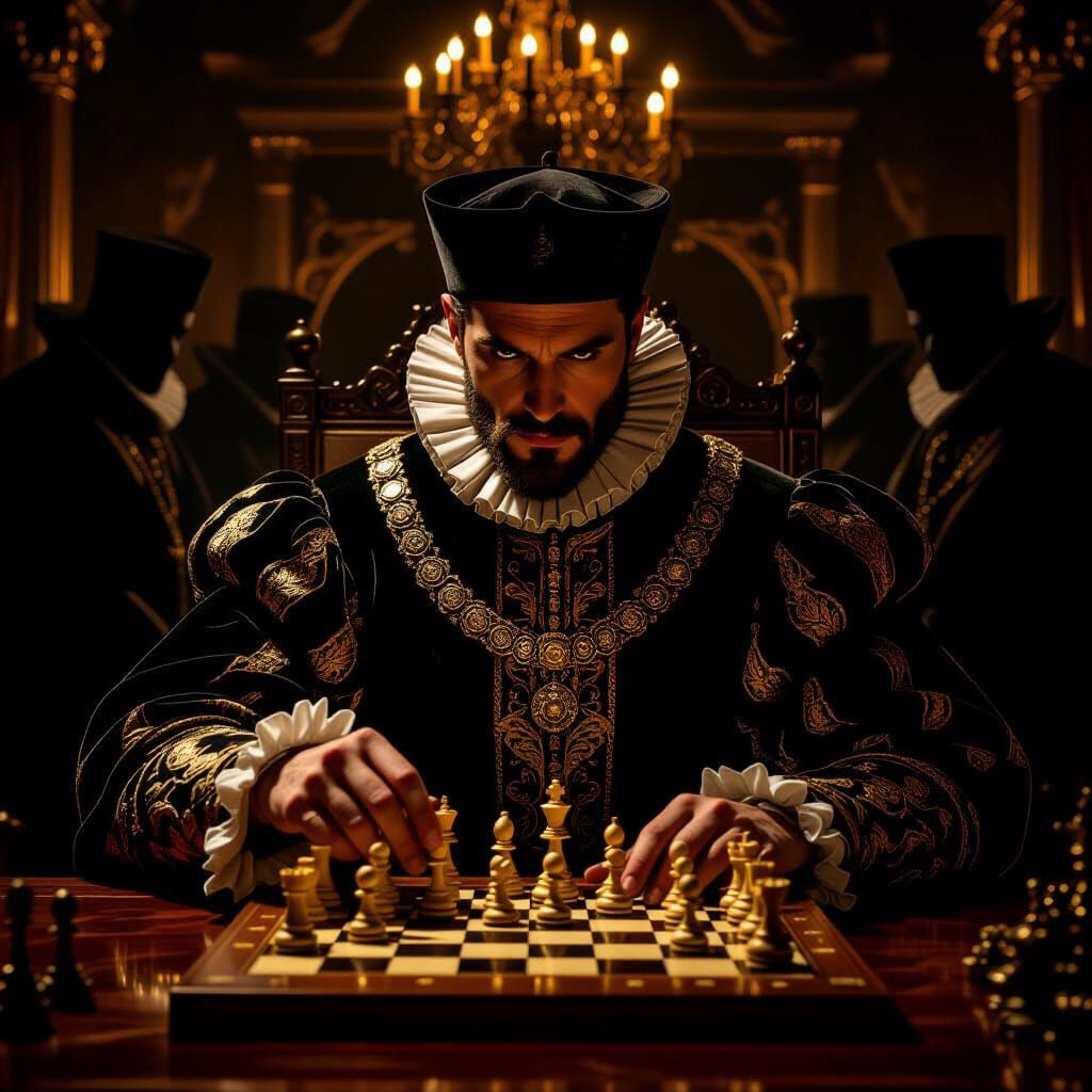 Renaissance Prince Manipulates Chessboard in Shadowy Chamber