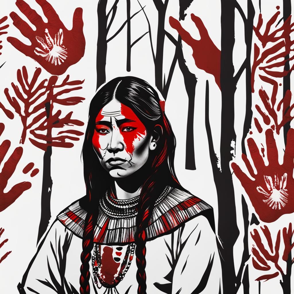Native Woman with Red Handprint: MMIW Awareness